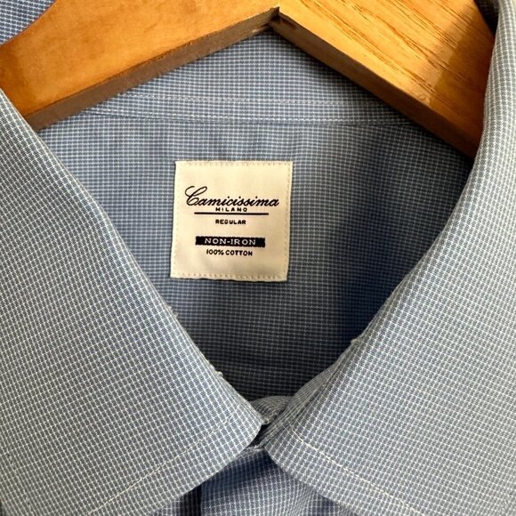 CAMICISSIMA Milano Mens Dress Shirt Long Sleeves Regular Cotton Blue Check Sz 41 - Picture 3 of 8
